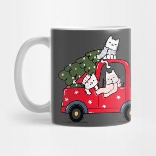 cute kitten cat with christmas tree on red truck car Mug